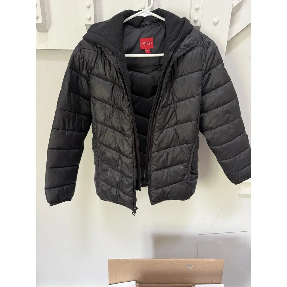 GUESS Los Angeles Boys Hooded Black Puffer Jacket Nylon Zip Size 12